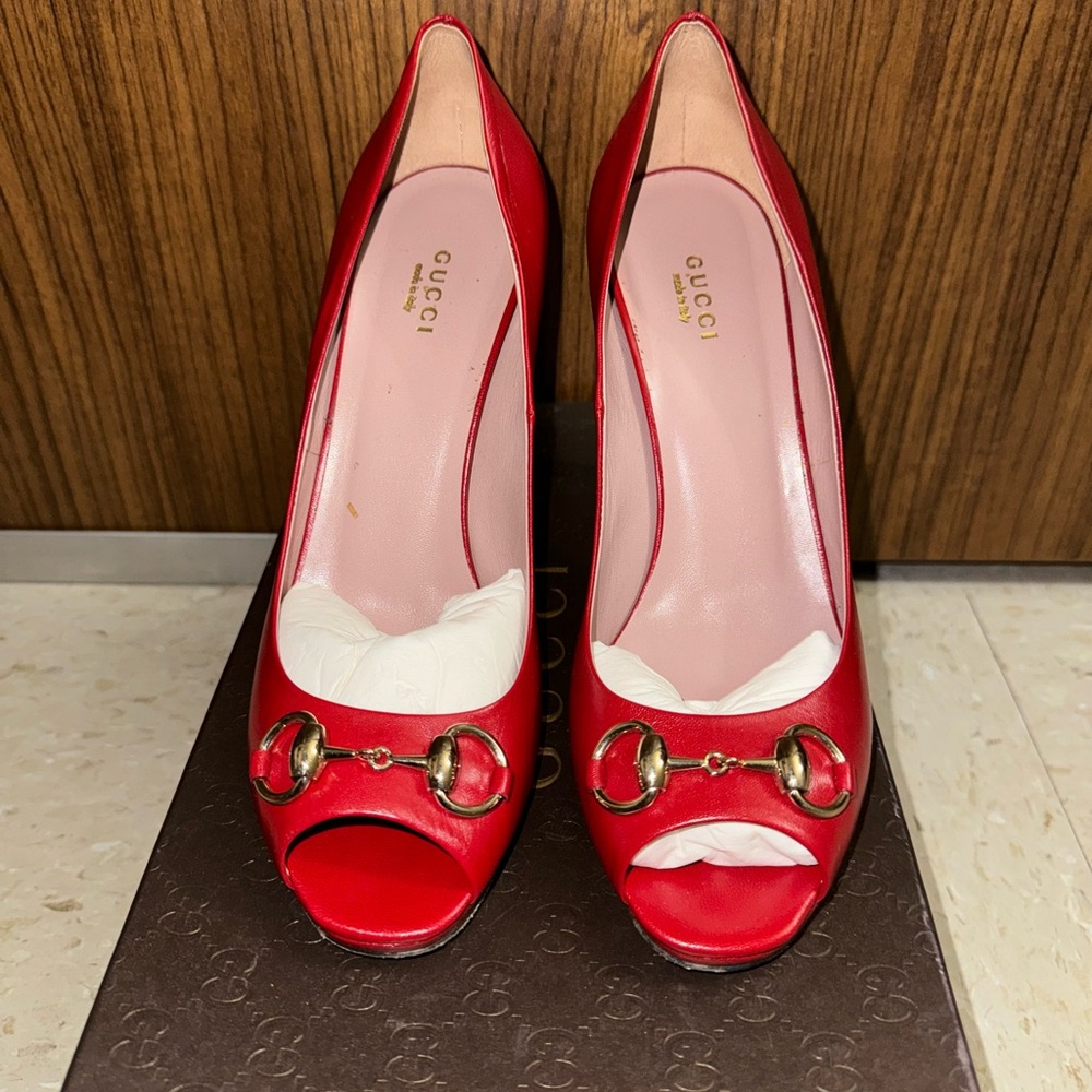 Gucci Red Peep Toe Heels with Gold Accents